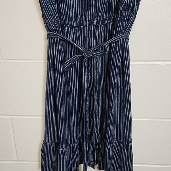Navy & White Stripe Linen Blend Button Down Shirt Dress Ruffle Hem Knee Length - Picture 2 of 14